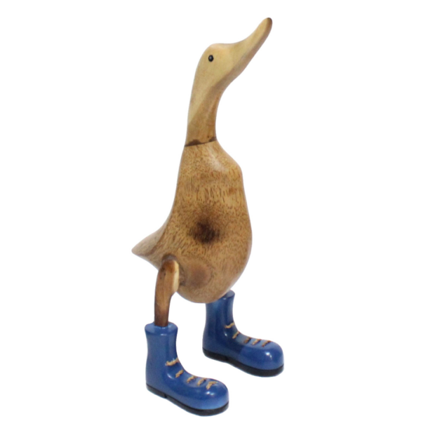 Wooden duck sculpture wearing blue rope-lace boots, whimsical home deco