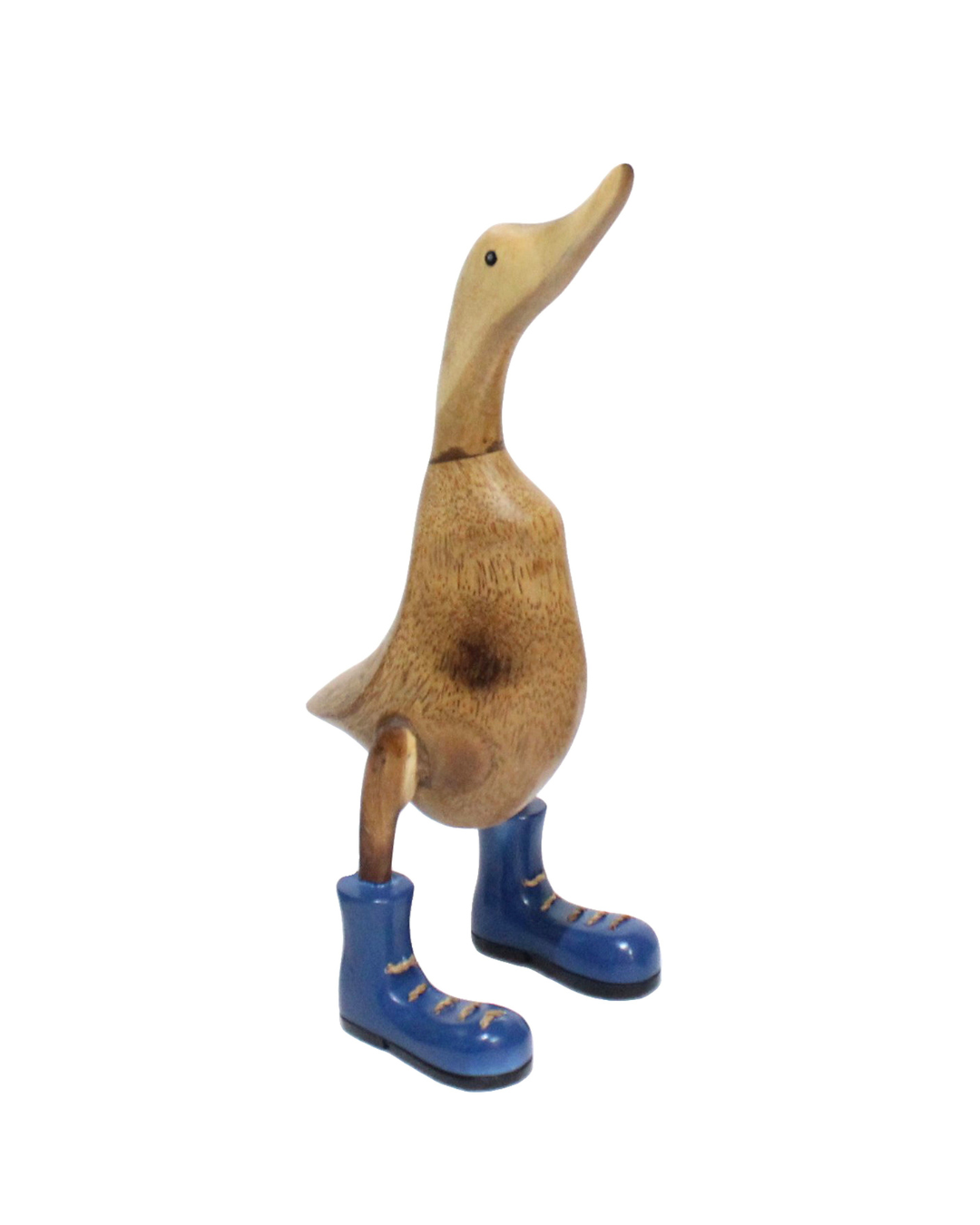 Wooden duck sculpture wearing blue rope-lace boots, whimsical home deco