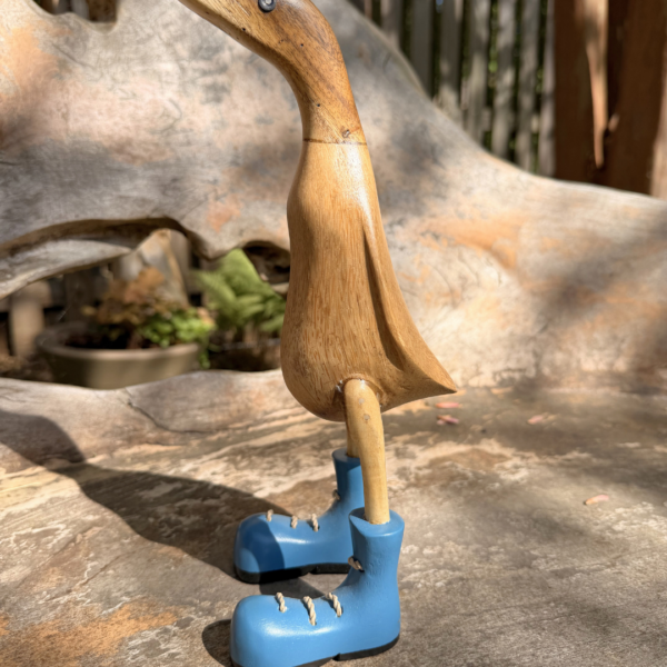 Handcarved wooden duck figurine with blue boots, 13.5 inch tall, natural wood grain