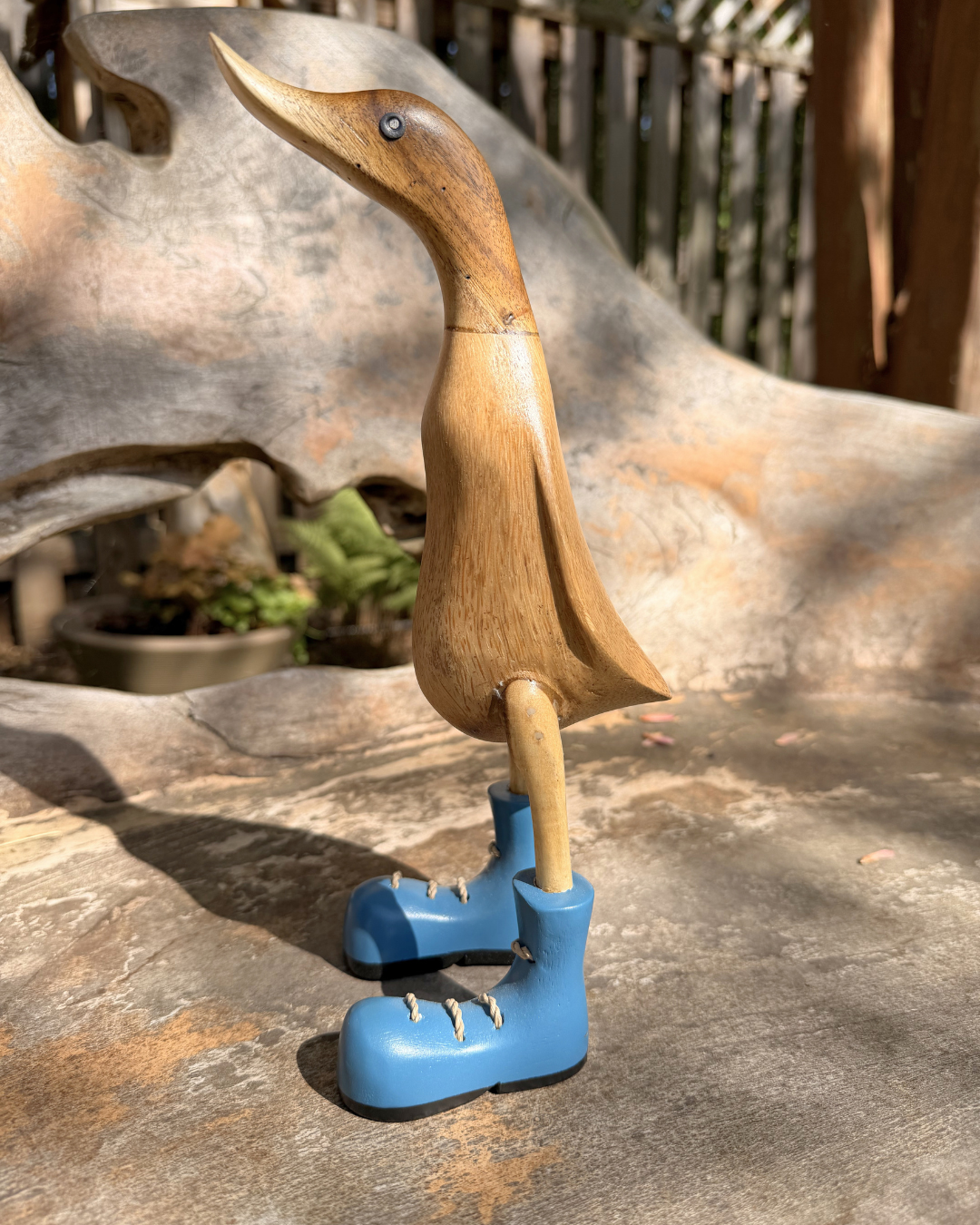 Handcarved Wooden Duck Figurine with Blue Boots Small