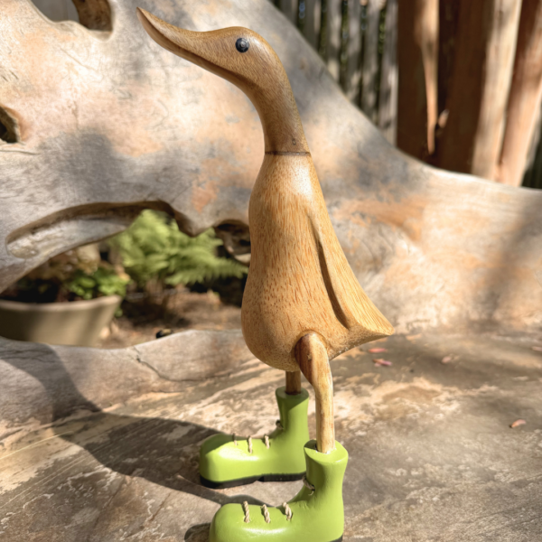 Handcarved wooden duck figurine with blue boots, 13.5 inch tall, natural wood grain