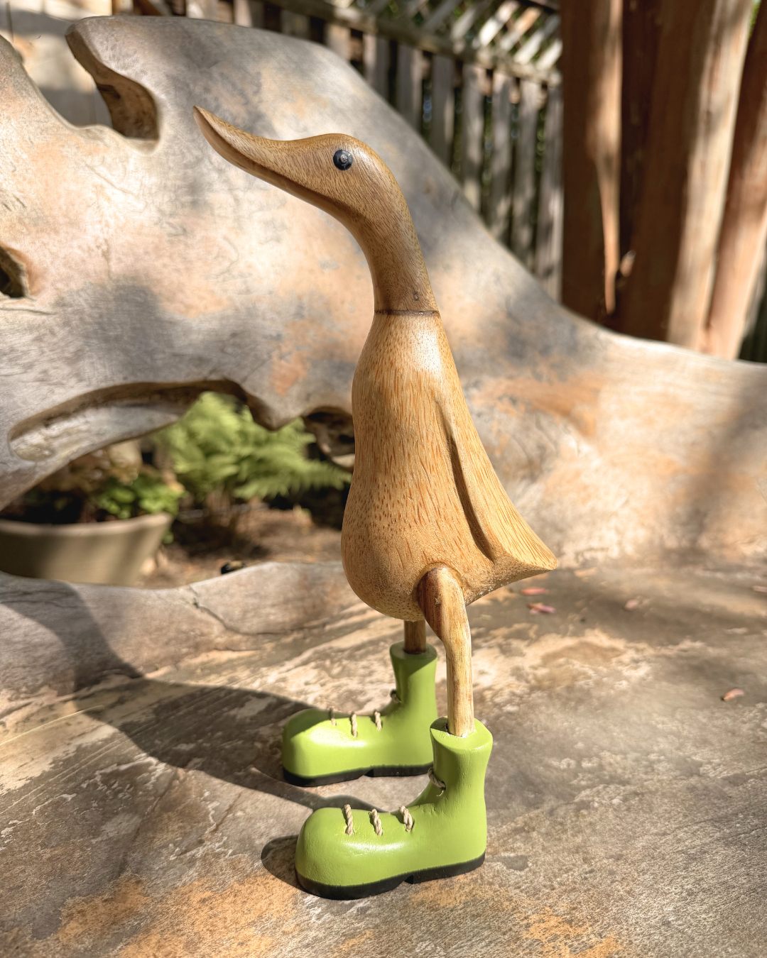 Handcarved Wooden Duck Figurine with Green Boots Small